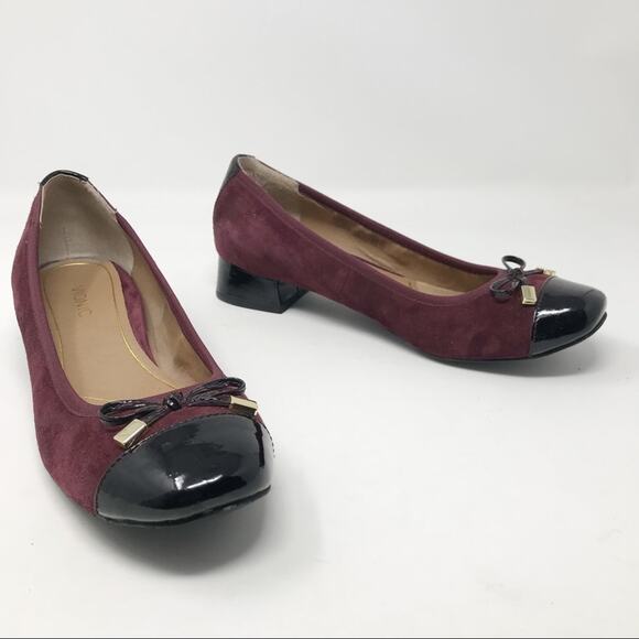 Vionic Shoes - Vionic Daphne Suede Patent Block Heel Bow Low Pump Shoes Merlot Black Burgundy 8